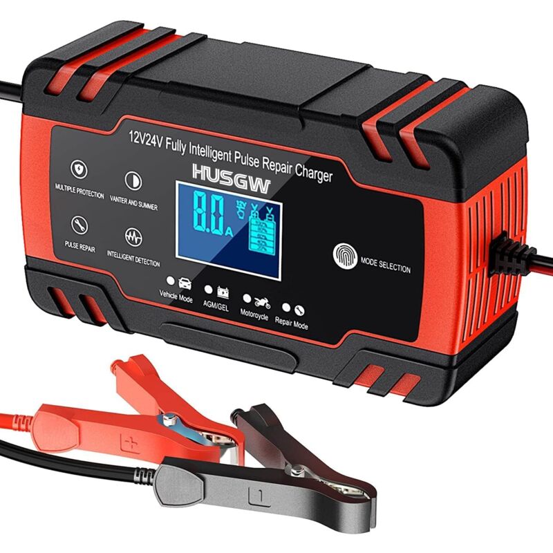 foto del prodotto kzq caricabatteria intelligente 12v 24v 8a, mantenitore di batteria e funzione di riparazione automatica portatile con display lcd, per auto, moto,