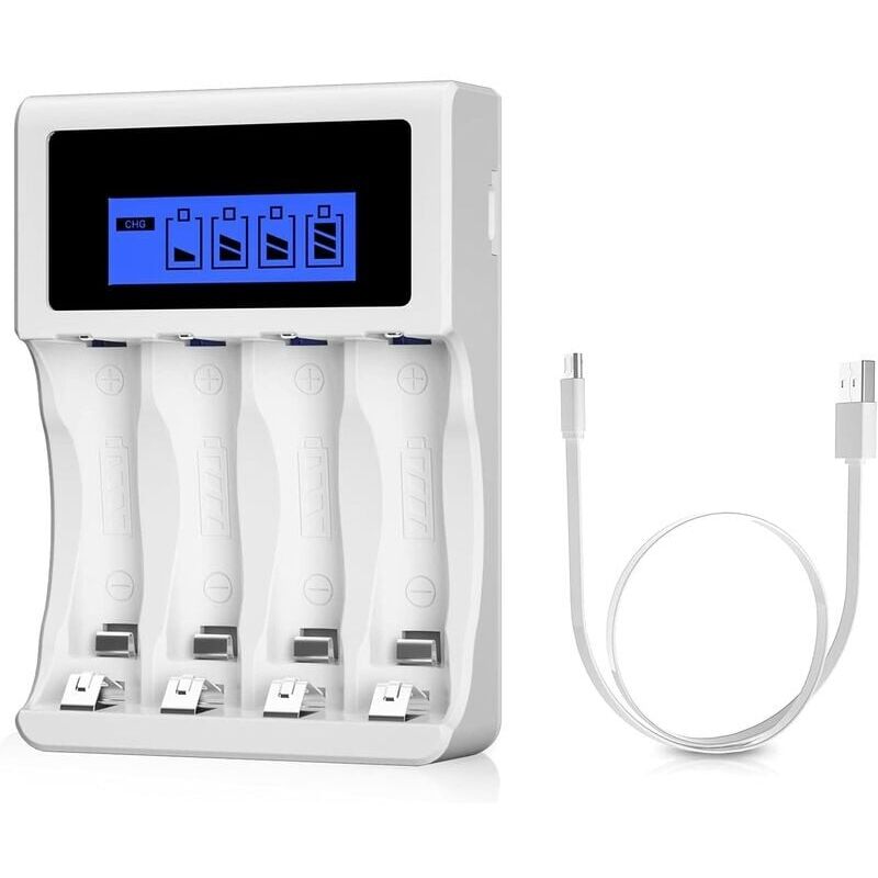 foto del prodotto kzq caricabatterie bianco, caricabatterie aa aaa con ampio display lcd, 4 posti di ricarica, caricabatterie rapido universale, per batterie ni mh