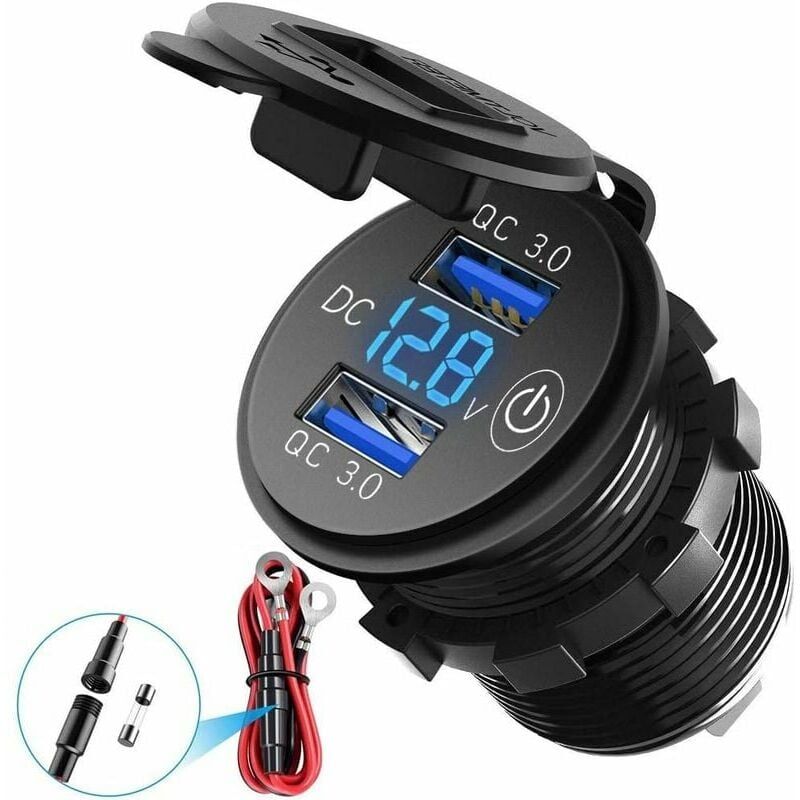 foto del prodotto kzq caricabatterie doppio usb qc3.0 per moto e auto impermeabile 12v 24v 36w con voltmetro digitale led e interruttore adatto per auto,