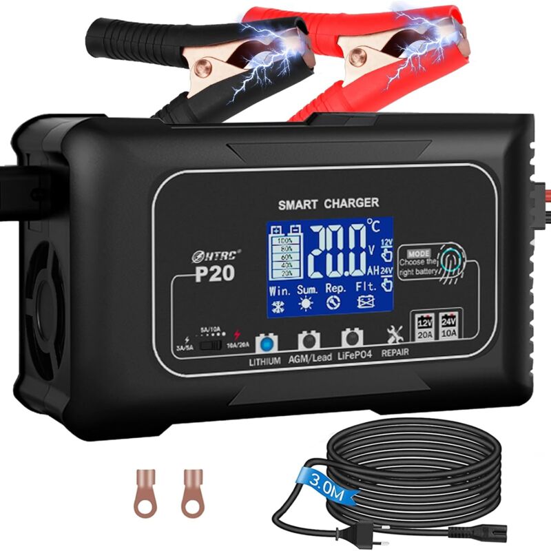 foto del prodotto kzq caricabatterie per auto 20a 12v 24v, caricabatteria per moto con display lcd e pulsanti touch per barche, suv batterie al piombo lifepo4 al