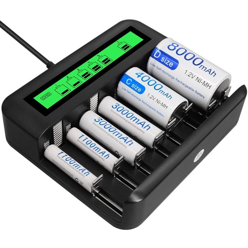 foto del prodotto kzq caricabatterie universale rapido a 8 slot led, caricabatteria per batterie ricaricabili aa aaa c d ni mh ni cd con porta usb