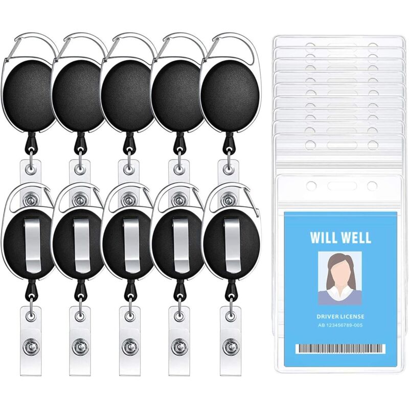 foto del prodotto kzq confezione da 10 porta badge retrattili resistenti con moschettone e porta tessere trasparenti in stile verticale, cordino di trazione in