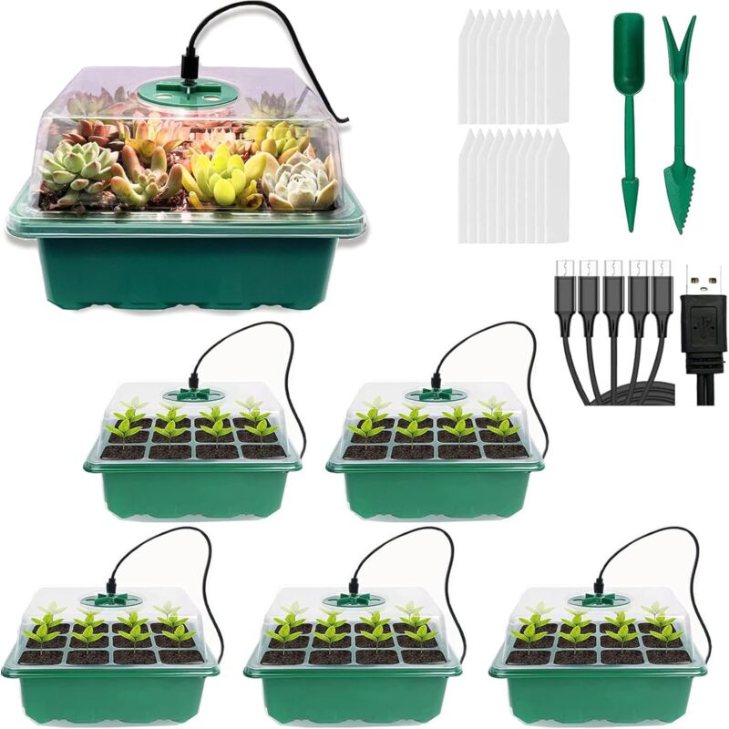 foto del prodotto kzq confezione da 5 propagatori con luci, vassoi per semi, vassoi per semi con coperchi, kit di propagazione in mini serra per la germinazione e la