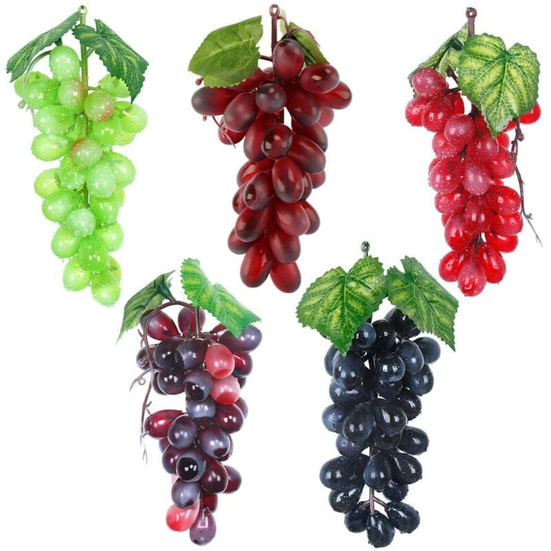 foto del prodotto kzq confezione da 5 uva finta artificiale, grappoli d uva finti realistici, uva e viti di plastica, uva decorativa in gomma in nero, viola, rosso,