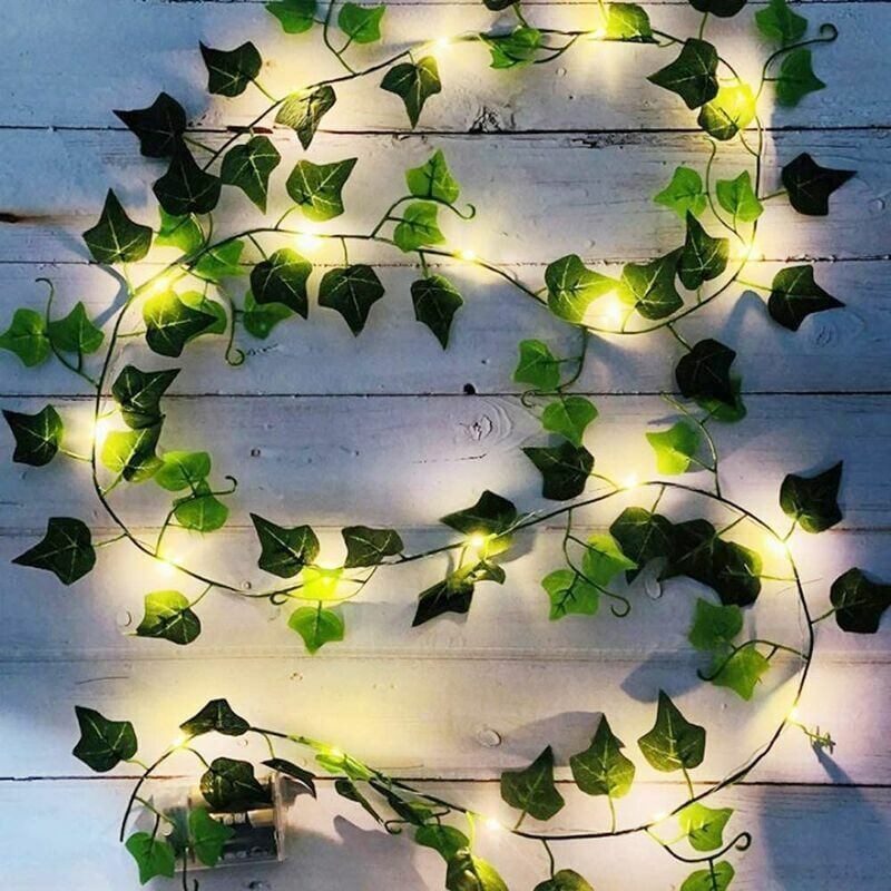 foto del prodotto kzq edera artificiale, luci a forma di foglia da 2 m, piante artificiali con 20 led e foglie verdi, luci a forma di vite a led per giardino,