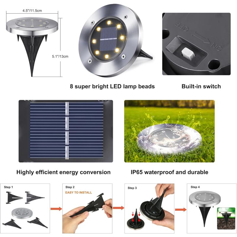 foto del prodotto kzq faretto da incasso a 8 led, luce bianca calda, impermeabile ip65, illuminazione da terra per prato, vialetto, scale, paesaggio