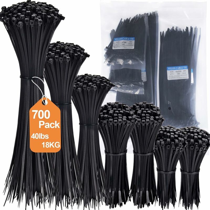 foto del prodotto kzq fascette per cavi in nylon da 700 pezzi 3,6 mm x 100 150 200 250 300 mm fascette per cavi nere resistenti per casa, ufficio, giardinaggio e