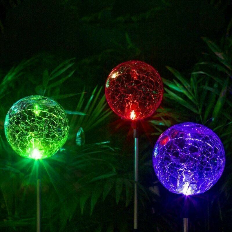 foto del prodotto kzq globo solare luminoso da esterno, con doppi led in una sfera di vetro rotto. cambia colore per la decorazione luminosa del giardino e del