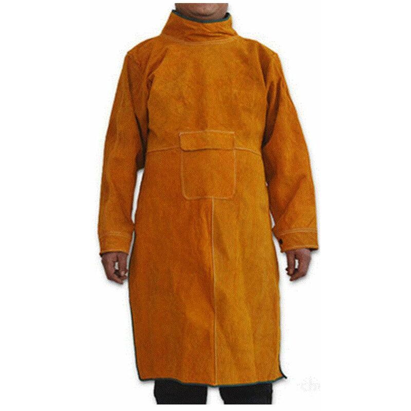 foto del prodotto kzq grembiule da saldatore in pelle di mucca per uomo e donna, con maniche e colletto, grembiule di protezione per lavoro in officina per