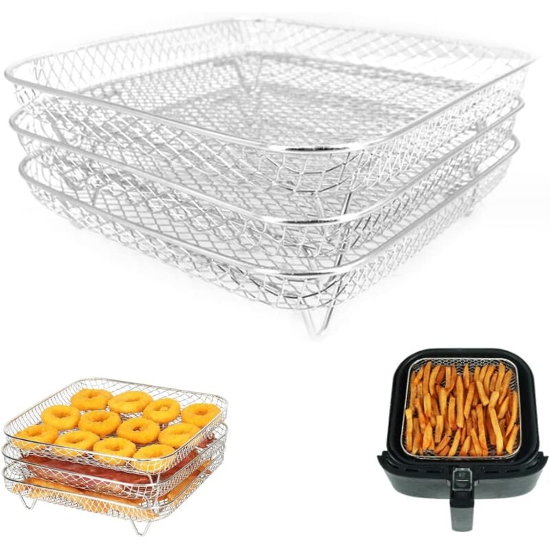 foto del prodotto kzq griglie per friggitrice, cestello per friggitrice in acciaio inossidabile, griglie disidratanti impilabili a 3 livelli per friggitrice ad aria,