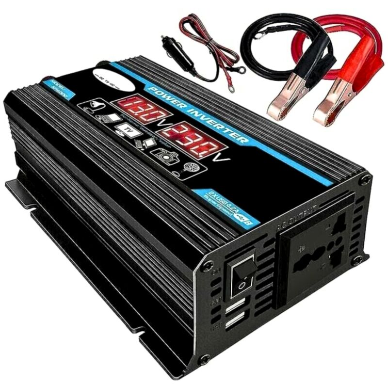 foto del prodotto kzq inverter 300w 12v 220v a onda sinusoidale pura, trasformatore con display a led, 2 prese ue e 1 porta usb, potenza di picco 300w per auto,