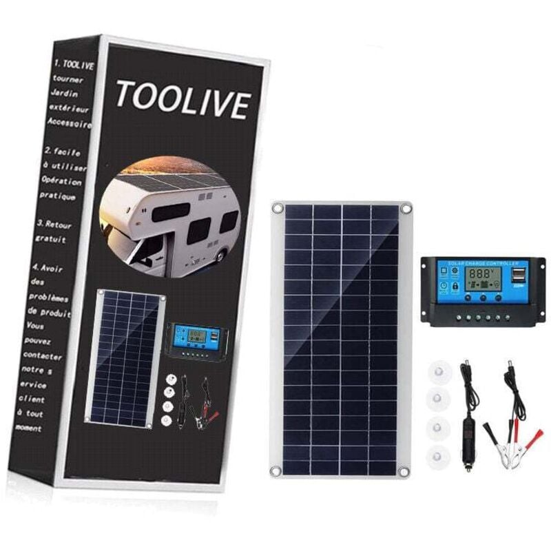 foto del prodotto kzq kit pannello solare 25w 12v con regolatore di carica 20a, ideale per camper, yacht, giardini, illuminazione esterna.