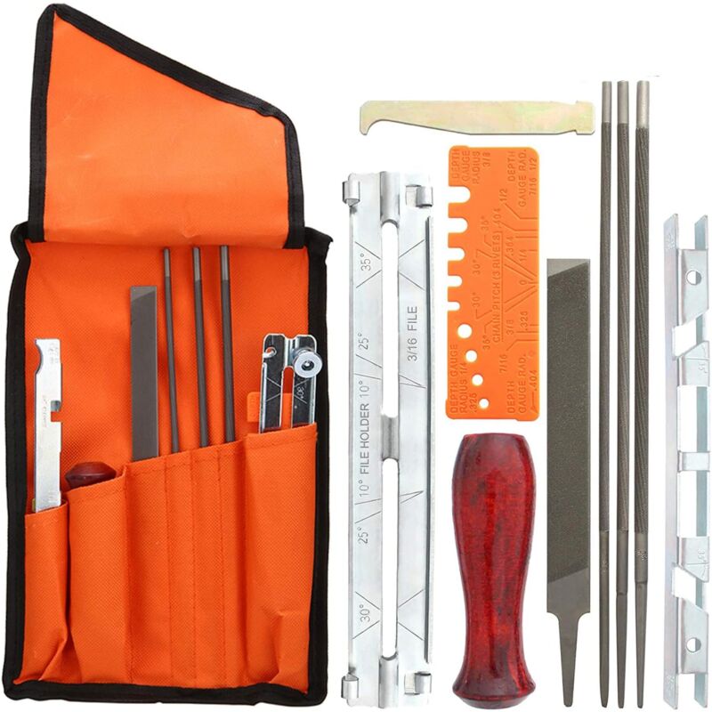 foto del prodotto kzq kit per affilare la catena della motosega da 10 pezzi, affilatrice universale per motosega con lime rotonde, lima piatta e custodia.