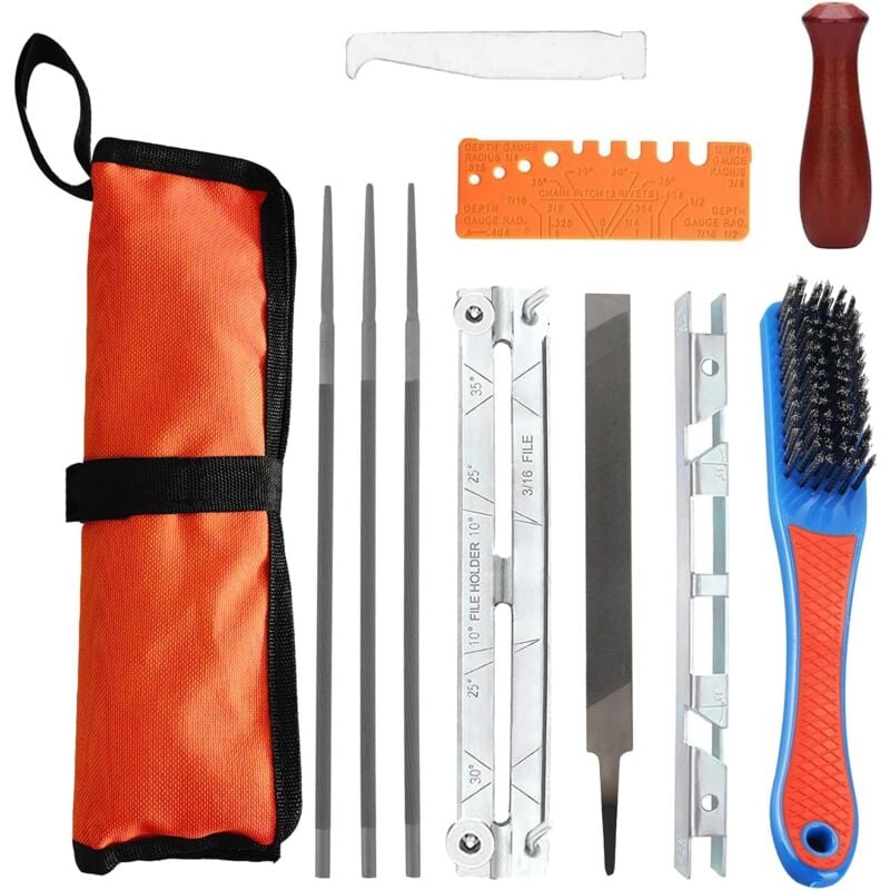 foto del prodotto kzq kit per affilatura motosega da 11 pezzi con lima tonda da 4 4,8 5,5 mm, lima piatta, guida per lima e borsa portautensili