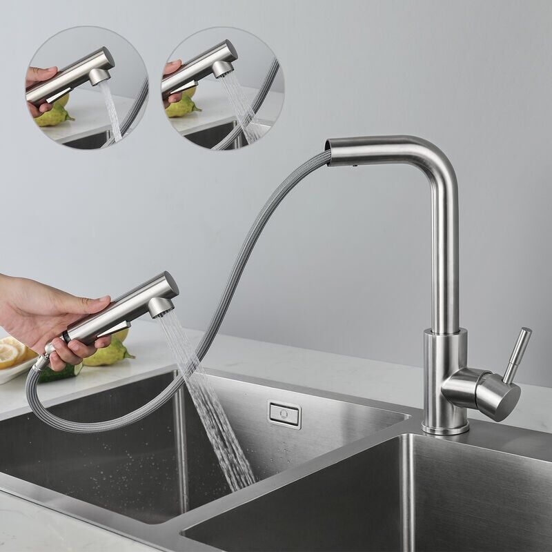 foto del prodotto kzq miscelatore da cucina con doccetta estraibile rubinetto da cucina girevole a 360 con 2 getti tra cui scegliere rubinetti in acciaio spazzolato