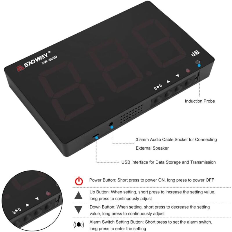 foto del prodotto kzq misuratore di livello sonoro professionale con soglie di allarme fisse misuratore di decibel digitale lcd portatile 30130 db
