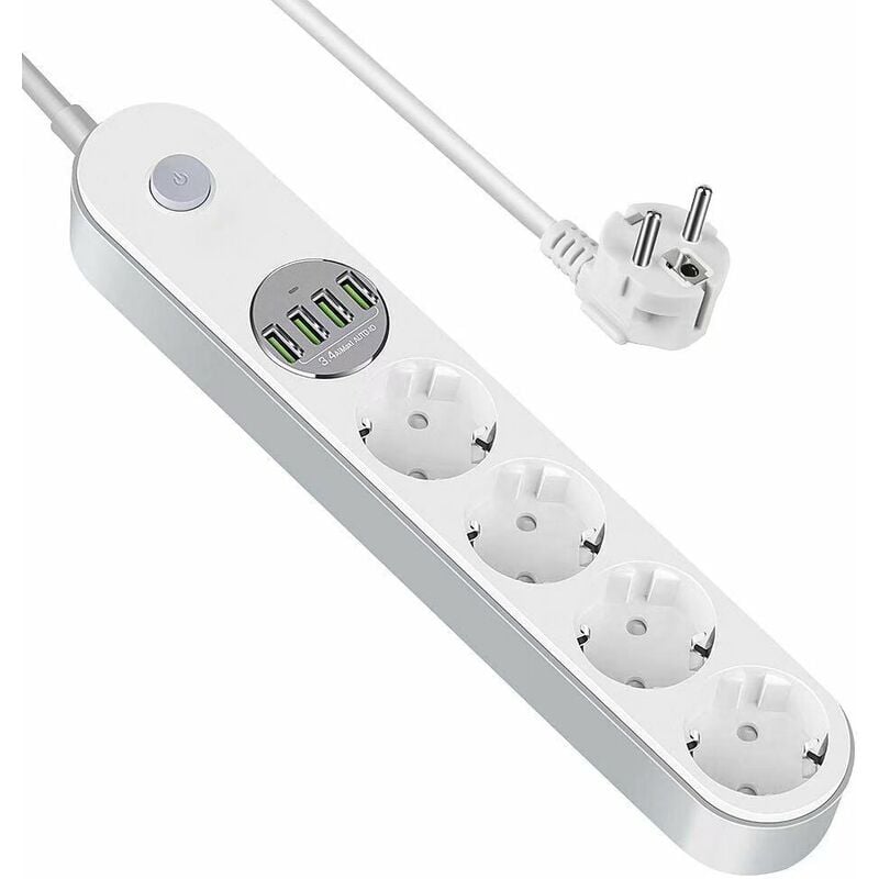 foto del prodotto kzq multipresa con protezione da sovratensione con 4 prese e 4 prese usb protezione da sovraccarico e sovratensione, interruttore, cavo da 2 m