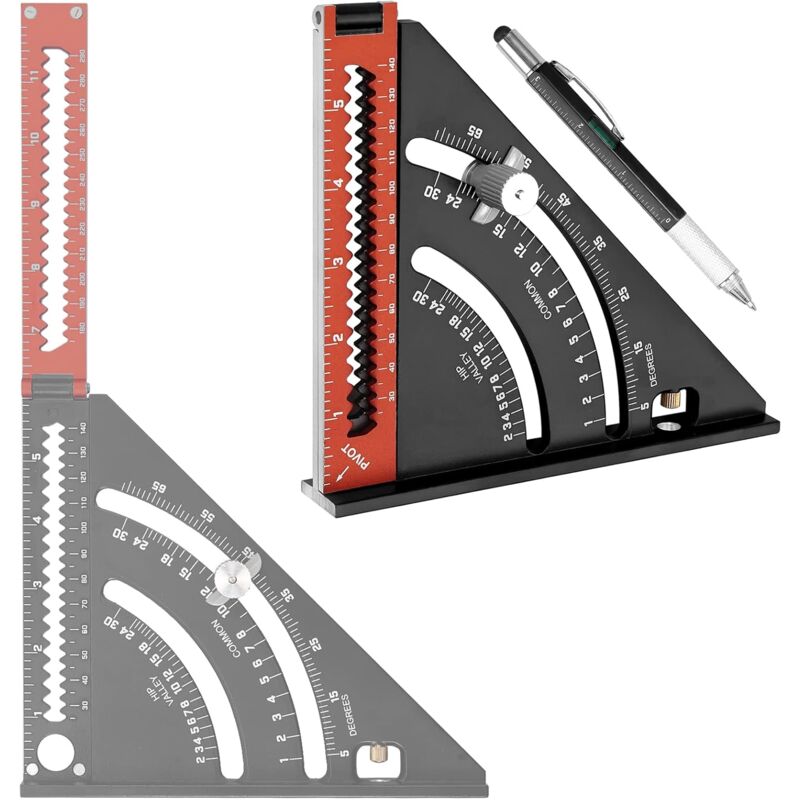 foto del prodotto kzq pennarello quadrato pieghevole in metallo per carpentiere, 4 in 1, multiuso in alluminio, righello, guida per marcatore quadrato, goniometro