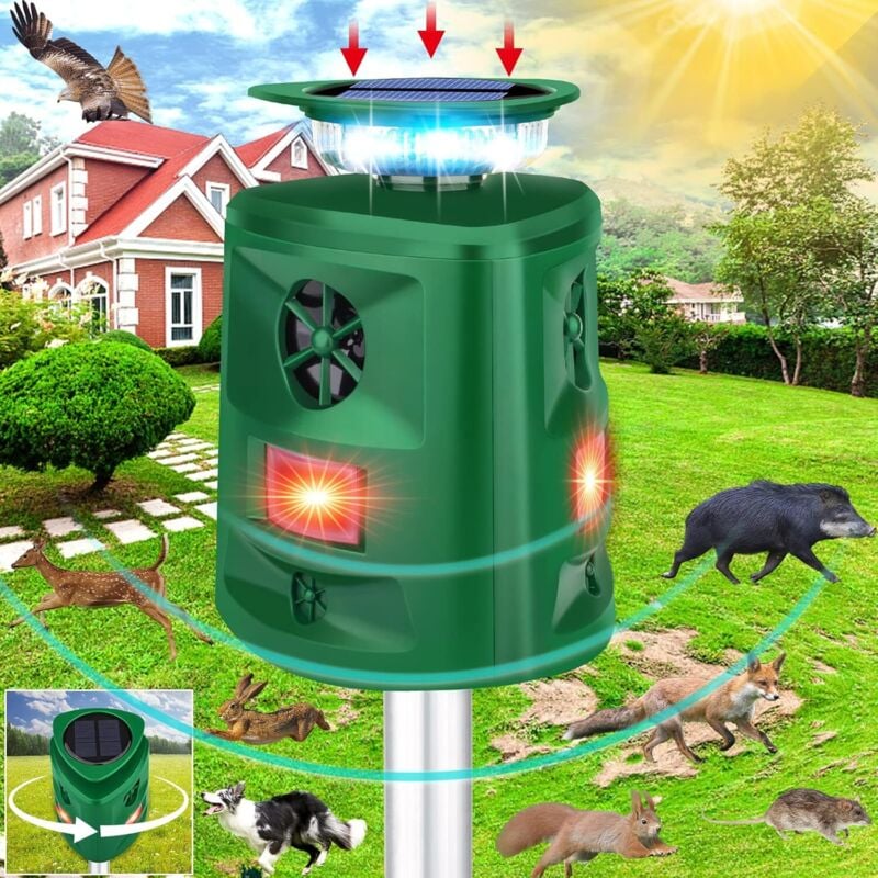 foto del prodotto kzq repellente solare per animali a ultrasuoni a 360 per esterni con sensore di movimento e luce lampeggiante, repellente per cani, gatti,