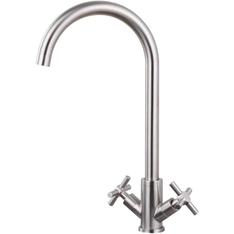 foto del prodotto kzq rubinetti per lavello da cucina in acciaio inox spazzolato, doppia maniglia girevole a 360 , miscelatore per lavabo, rubinetto per acqua calda