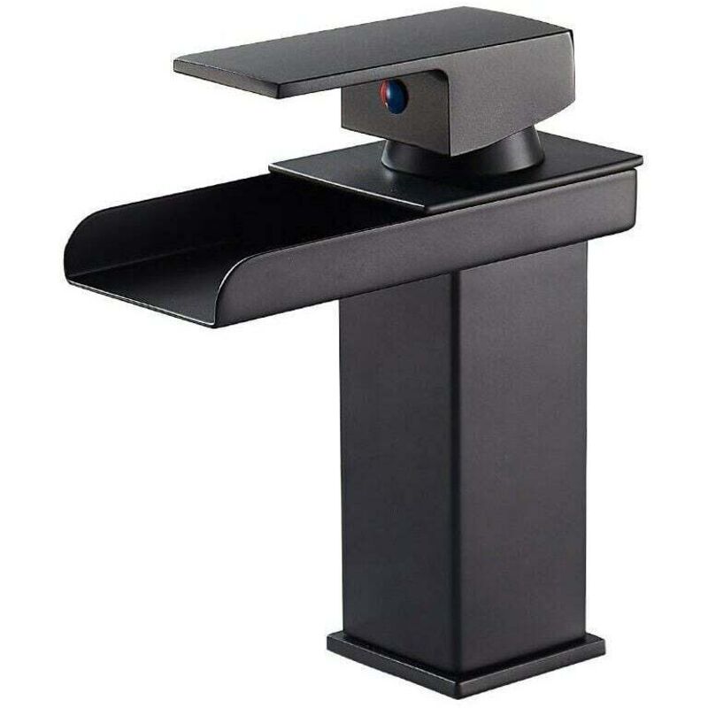 foto del prodotto kzq rubinetto bagno a cascata nero, miscelatore bagno in ottone, miscelatore lavabo da appoggio, rubinetti acqua calda e fredda