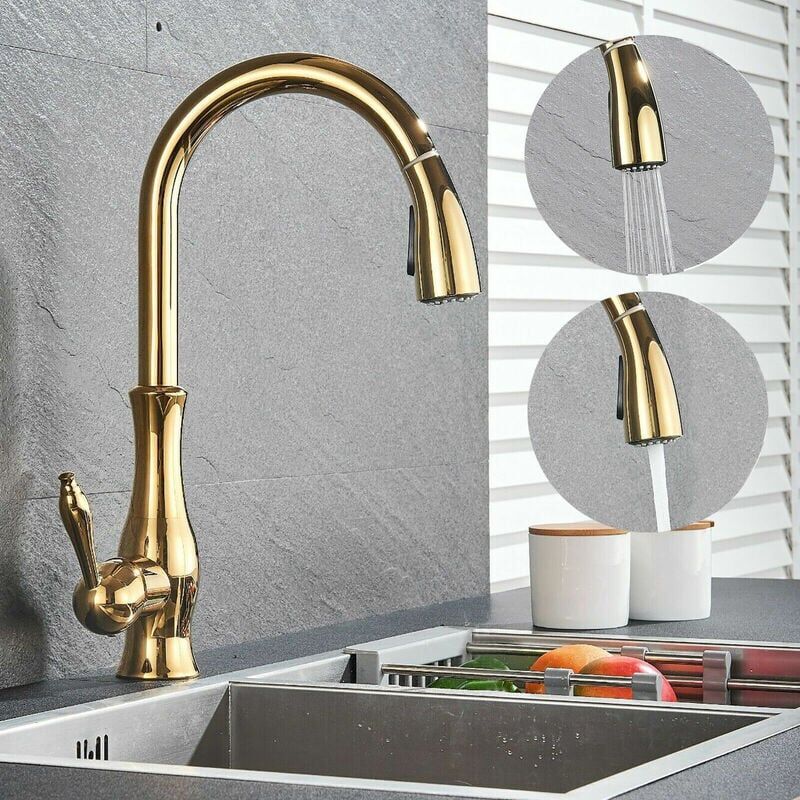 foto del prodotto kzq rubinetto da cucina con spruzzatore in ottone dorato, rubinetto per lavello estensibile, girevole a 360 , miscelatore da cucina a molla a