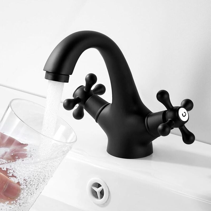 foto del prodotto kzq - rubinetto per bagno nero retrò, rubinetto per lavabo con due maniglie, rubinetto per bagno vintage con acqua calda e fredda regolabile,