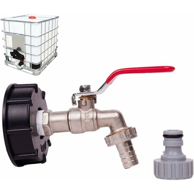 foto del prodotto kzq rubinetto per serbatoio da 1000 litri con adattatore ibc da 3 4 doppio rubinetto in ottone, filettatura 60mm.