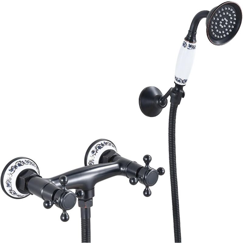 foto del prodotto kzq rubinetto per vasca da bagno retr nero con doccetta, miscelatore doccia a due maniglie a parete in stile nostalgico, set rubinetto doccia in