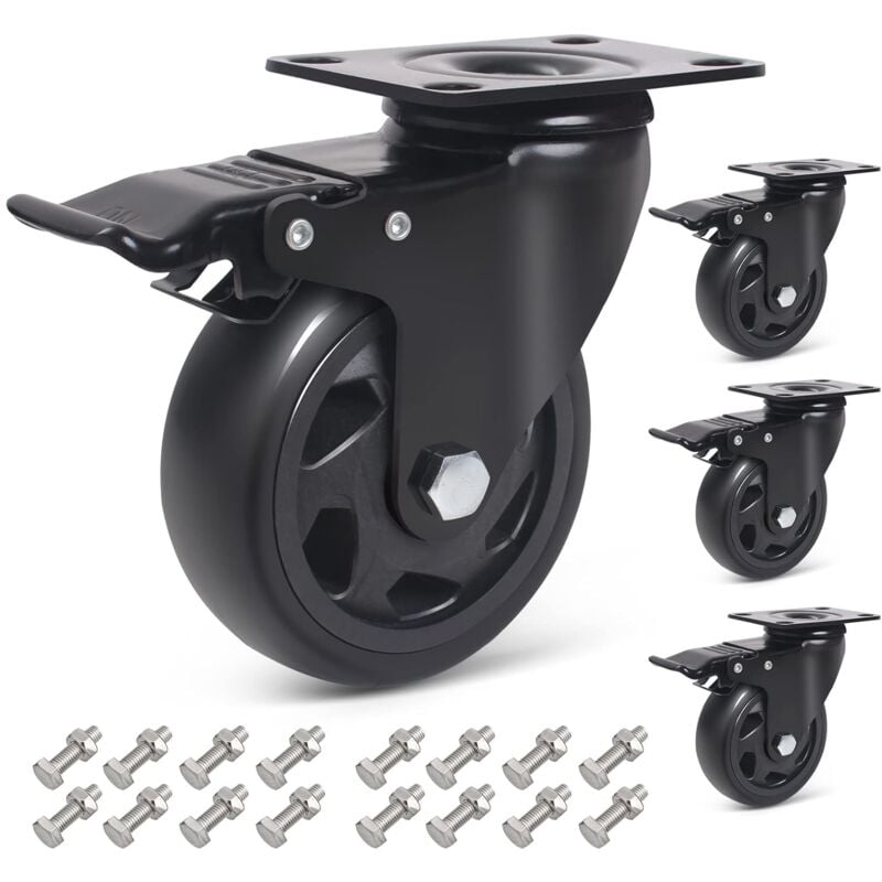 foto del prodotto kzq ruote piroettanti da 100 mm con freno, 4 ruote per mobili 16 viti incluse 