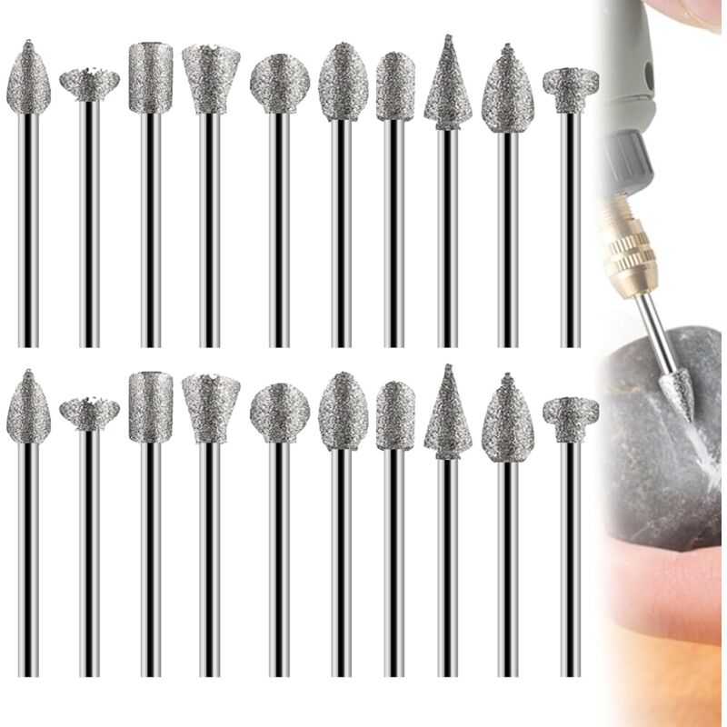 foto del prodotto kzq set di 20 frese rotanti per smerigliatura, set di frese diamantate per intaglio, punte per frese diamantate per smerigliatura, lucidatura e