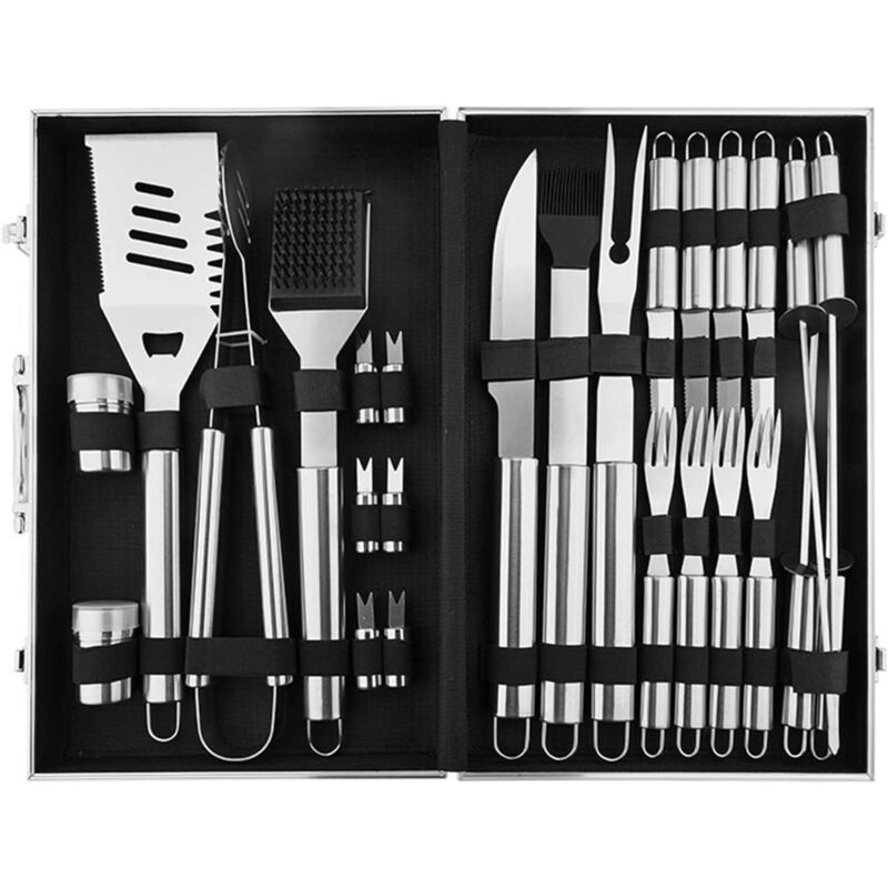 foto del prodotto kzq set di 26 utensili per barbecue in acciaio inox con supporto portatile in alluminio per viaggi, campeggio, picnic in famiglia, argento