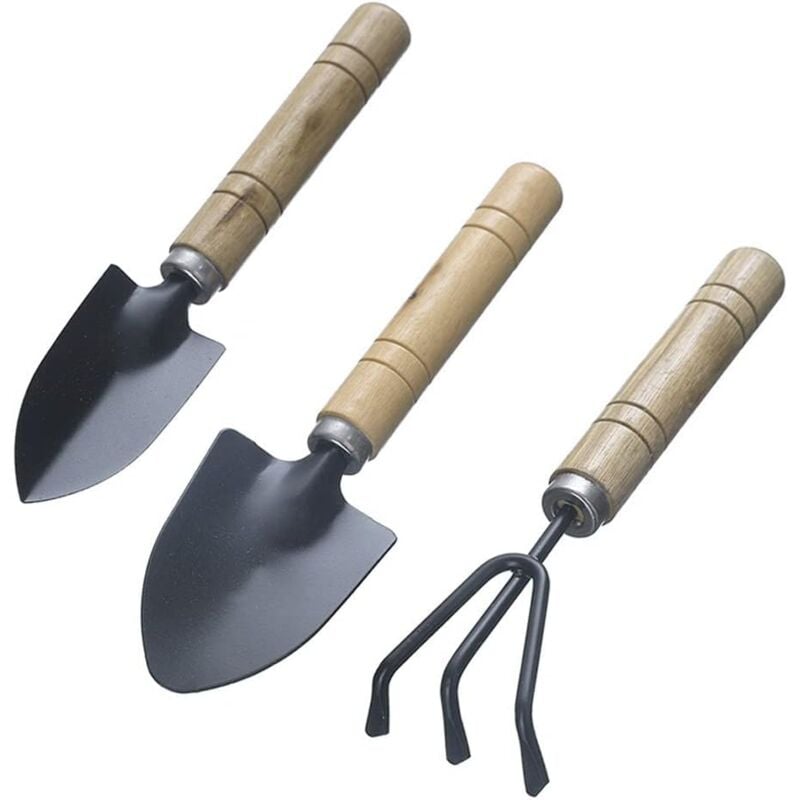 foto del prodotto kzq set di 3 mini attrezzi da giardinaggio, pala, rastrello, regalo per il giardino, piccolo rastrello e pala in legno per piante in vaso per