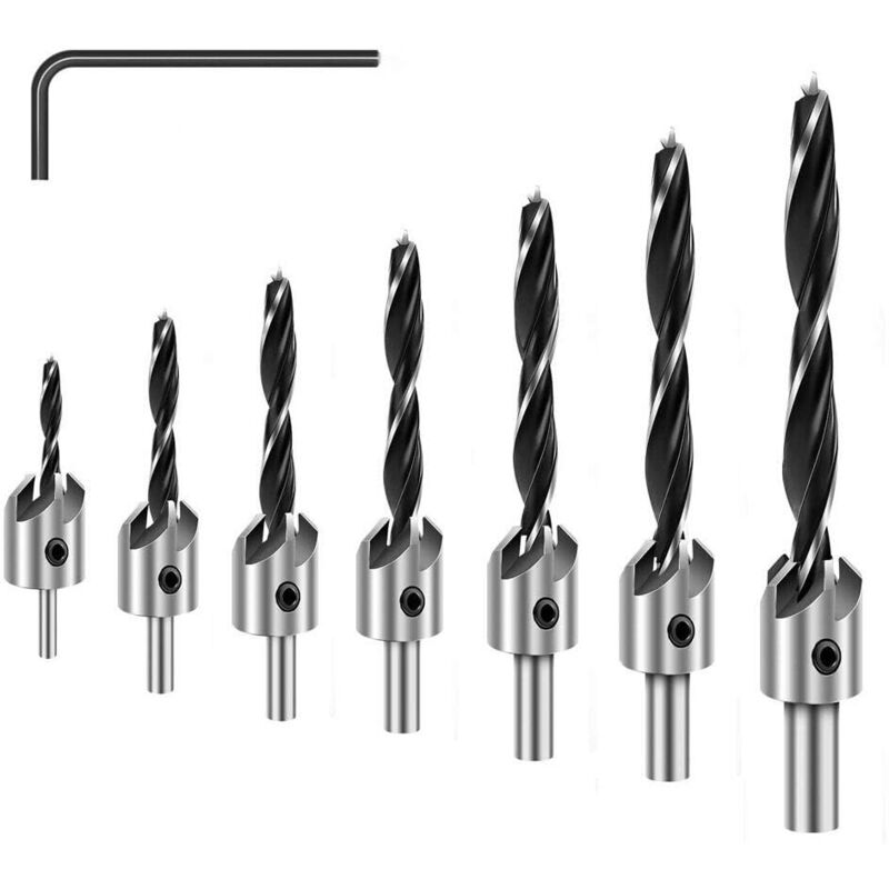 foto del prodotto kzq set di 7 punte da trapano zincate, set di punte da trapano per intaglio del legno a tripla punta con chiave esagonale, trapano in acciaio