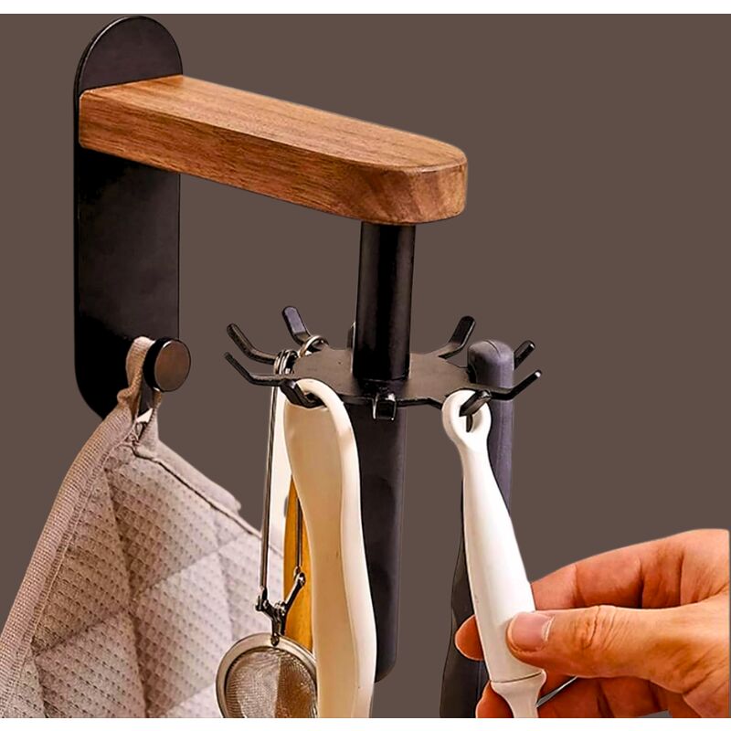 foto del prodotto kzq supporto da parete autoadesivoportautensili da cucina color noce per appendere pentole e padelle, spatole, cucchiai, supporto con 10 ganci e 1