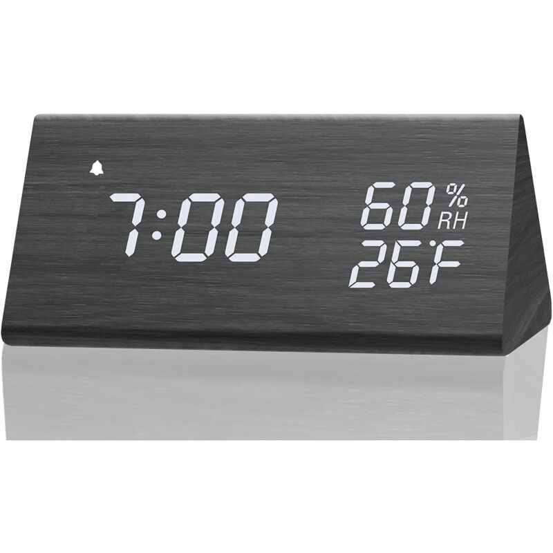 foto del prodotto kzq sveglia digitale con display elettronico a led in legno, 3 impostazioni di allarme, rilevamento di umidit e temperatura, orologi elettrici in