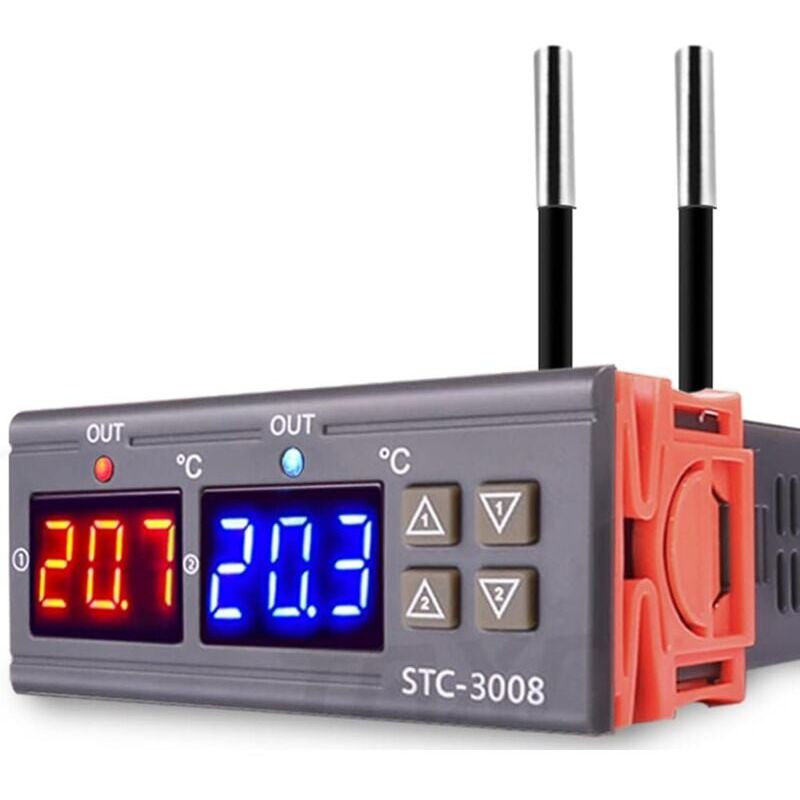 foto del prodotto kzq termostato digitale stc 3008 dc 12 v, con doppia fusione e doppio segnale ntc, modalit di controllo e funzione refrattaria.