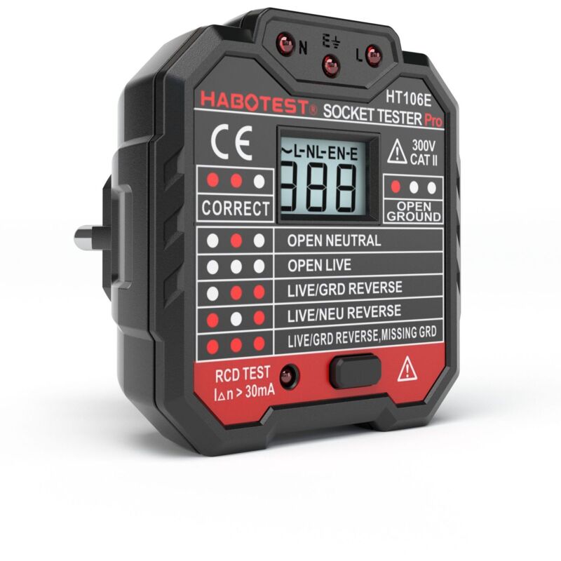 foto del prodotto kzq tester per prese, kaiweets tester per circuiti elettrici, test 7 condizioni di cablaggio visualizzazione della tensione test rcd 48 250 v 