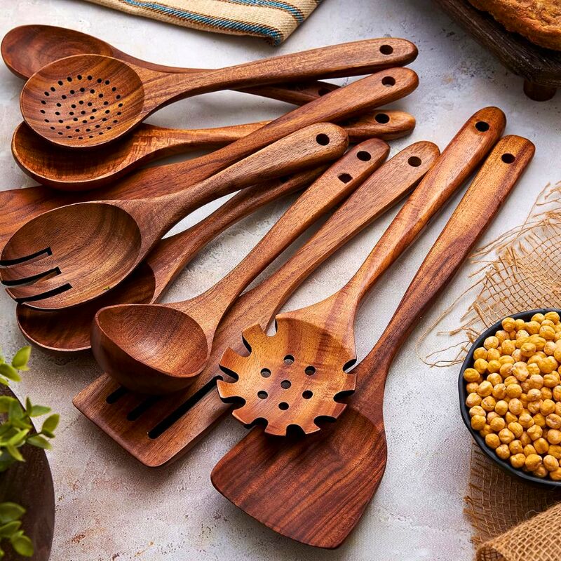 foto del prodotto kzq utensili da cucina in legno set da cucina premium da 10 pezzi set di utensili in legno di teak facili da pulire materiale leggero,