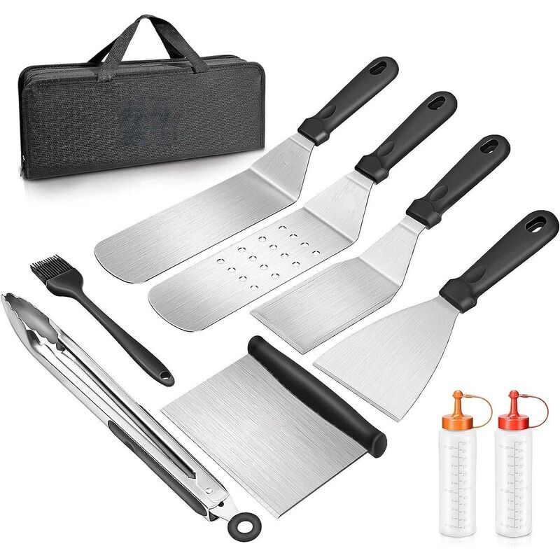 foto del prodotto l h cfcahl 9 pezzi set di spatole in acciaio inox, set di accessori professionali per piastra calda, set di utensili per barbecue, spatola plancha
