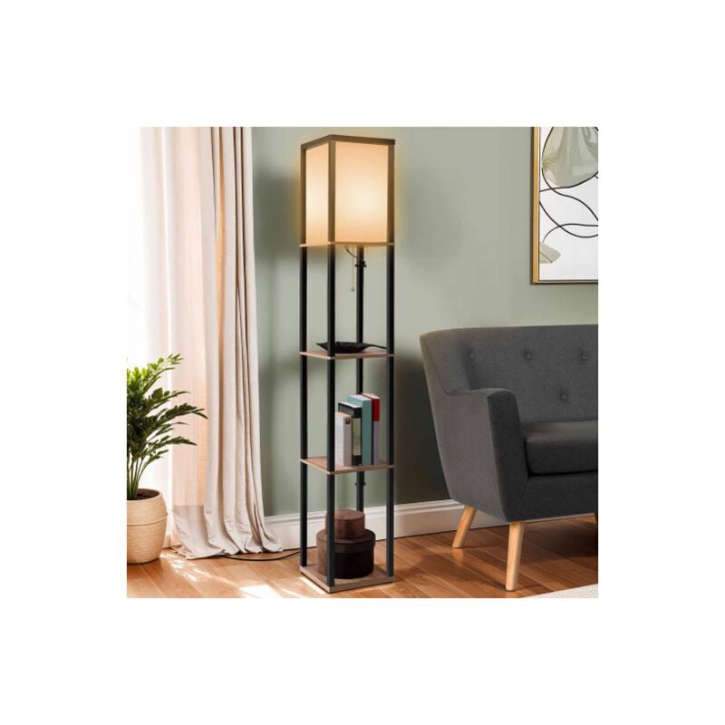 foto del prodotto l mpara de pie industrial de madera negra con estantes de madera clara y pantalla cuadrada blanca