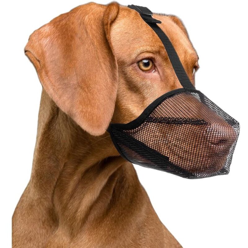 foto del prodotto l, nero museruola traspirante per cani di piccola, media e grande taglia, per impedire ai cani di mangiare, mordere e masticare.