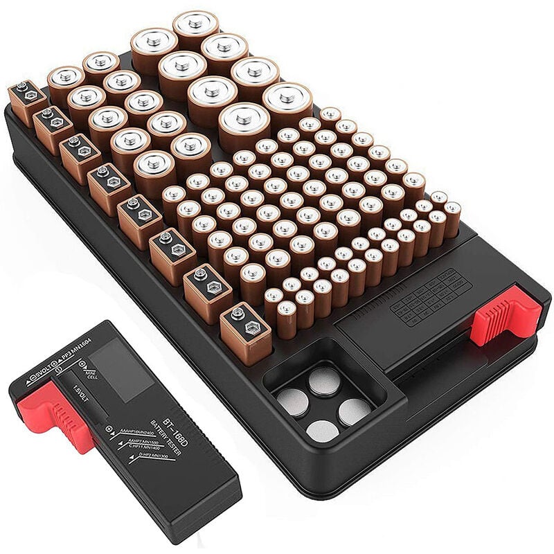 foto del prodotto l organizzatore di batterie con tester digitale per batterie contiene 110 batterie di diverse dimensioni aaa, aa, 9v, c e d