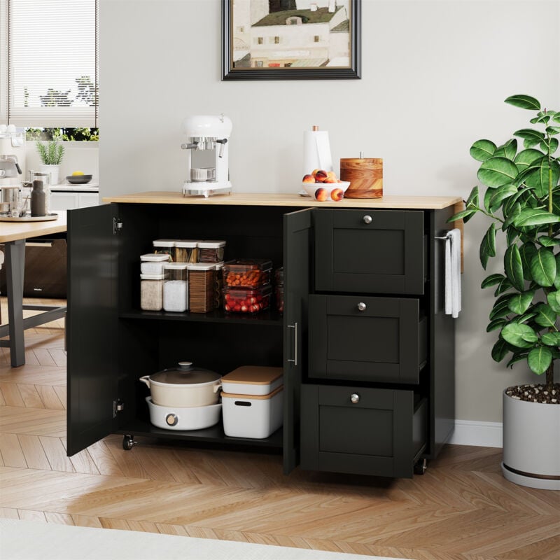 foto del prodotto l135l44 70 a90cm grande tavolo da cucina mobile, piano di lavoro in rovere, design pieghevole, armadio multifunzionale, 3 cassetti, portasciugamani,