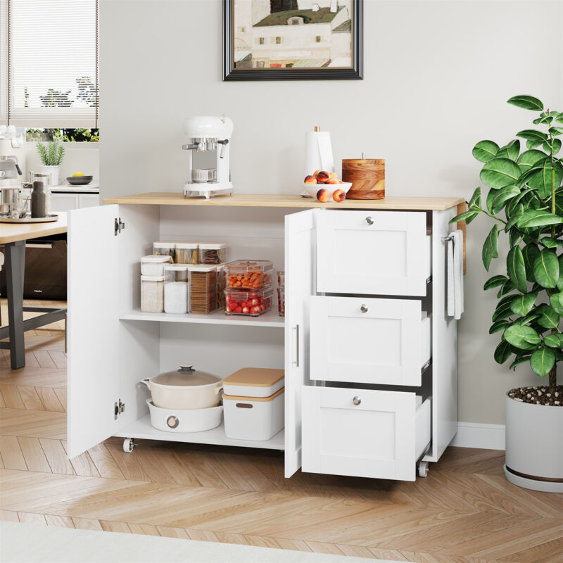 foto del prodotto l135l44 70 a90cm grande tavolo da cucina mobile, piano di lavoro in rovere, design pieghevole, armadio multifunzionale, 3 cassetti, portasciugamani,