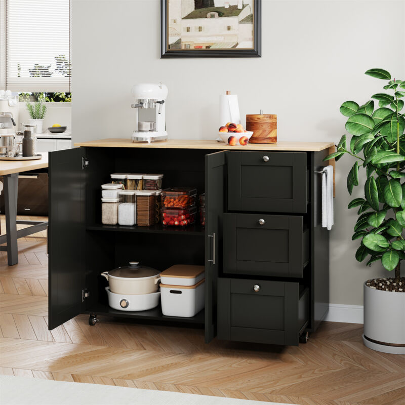 foto del prodotto l135l44(70)a90cm grande tavolo da cucina mobile, piano di lavoro in rovere, design pieghevole, armadio multifunzionale, 3 cassetti, portasciugamani, adatto a cucina, sala da pranzo, casa