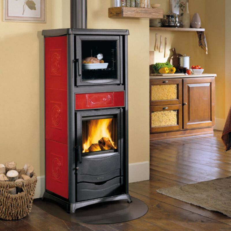 foto del prodotto la nordica extraflame termo rossella stufa a legna termorossella plus forno dsa in ghisa 11,1 kw per 318 m liberty bordeaux