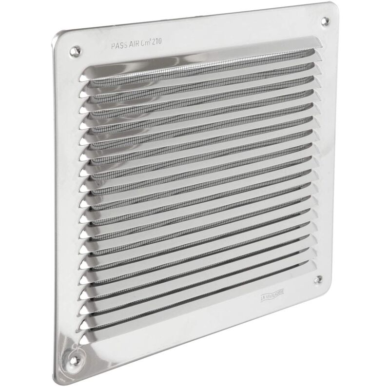 foto del prodotto la ventilazione lar2323in griglia di ventilazione quadra da sovrapporre con rete antinsetti, inox430, dimensioni 228x228 mm