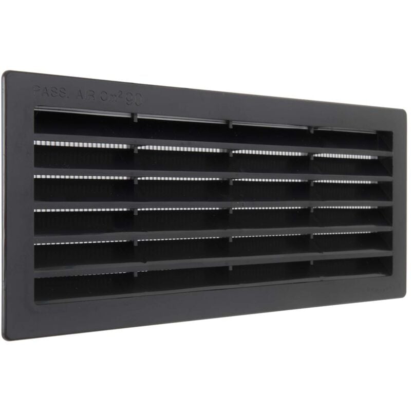 foto del prodotto la ventilazione p25r2510n griglia di ventilazione rettangolare in plastica nera da incasso con rete antinsetti. dimensioni 254x108 mm