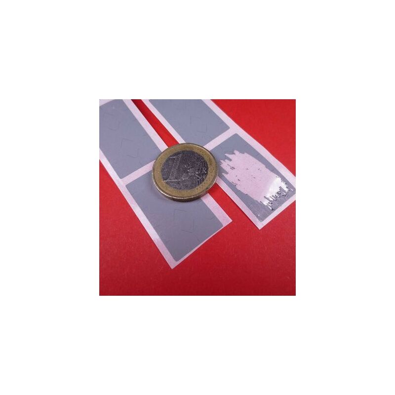 foto del prodotto label scratch off gratta e vinci colore silver su pvc adesivo rettangolare modello rettangolo 10x20mm, numero pezzi 100 pcs.